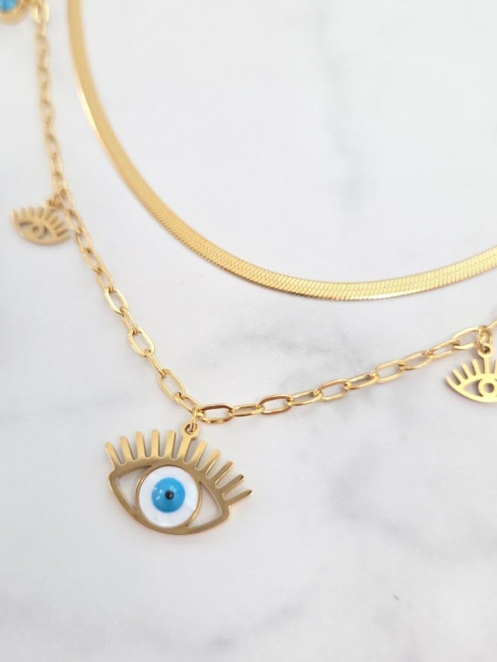 Gold Layered Evil Eye Necklace with Blue Eye Charms & Snake Chain - Picture 5 of 12